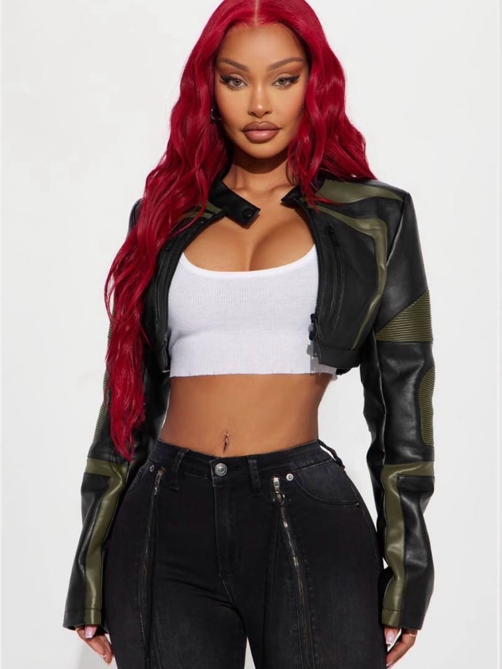 Cropped Black & Olive Faux Leather Moto Jacket - Women